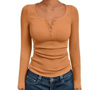 Trendy Queen Women's Ribbed Henley Long Sleeve Casual Top, Orange, S