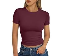 Trendy Queen Womens Short Sleeve T Shirts - Buttery Soft Summer Crop Tops Slim Fit Y2k Basic Tees for Workout, Wine Red, S