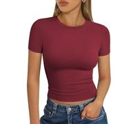 Trendy Queen Womens Short Sleeve T Shirts Summer Crop Tops Basic Slim Fit Gym Workout Y2k Clothes, Burgundy, XS