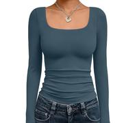Trendy Queen Womens Square Neck Long Sleeve Shirts Double Lined Slim Fit Tops Y2K Going Out Basic Tees, Haze Blue, XS