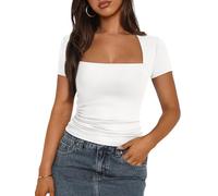 Trendy Queen Women's Square Neck Tops Short Sleeve Shirts Double Lined Workout Summer Clothes Casual Slim Fit T-Shirts, White, L