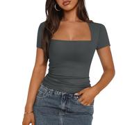 Trendy Queen Women's Square Neck Tops Short Sleeve Shirts Double Lined Workout Summer Clothes Casual Slim Fit T-Shirts, Gray, S