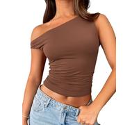 Trendy Queen Womens Summer Off The Shoulder Tops Going Out T Shirts Crop Tank Top Fashion Clothes Spring Outfits 2025, Brown, M