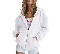 Trendy Queen Womens Zip Up Y2K Hoodies Long Sleeve Fall Oversized Casual Sweatshirts Jacket with Pocket, White, Medium
