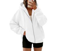 Trendy Queen Womens Zip Up Y2K Hoodies Long Sleeve Fall Oversized Casual Sweatshirts Jacket with Pocket, White, Medium