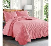 Trendy Realm Quilt Mono Bedspread 3 Pieces Set - Coverless Quilted Leaf Motif Bedspread, Comforter Throw, Summer and All-Season Lightweight Bedding Sets, with 2 Pillow Shams (Double, Pink)