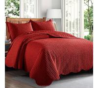 Trendy Realm Quilt Mono Bedspread 3 Pieces Set - Coverless Quilted Leaf Motif Bedspread, Comforter Throw, Summer and All-Season Lightweight Bedding Sets, with 2 Pillow Shams (Super King, Red)