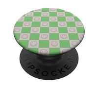 Trendy Retro Green Checkerboard Smiles Pattern on Pink PopSockets Swappable PopGrip