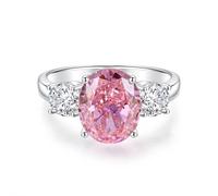 Trendy Rings, Women's Anniversary Rings with 9X11mm Oval Shape Lab Created Pink Sapphire and Moissanite Silver 14K White Gold Size J 1/2