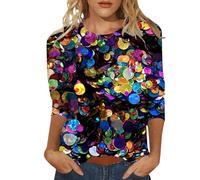 Trendy Sequin Tops for Women 3/4 Sleeve Going Out Loose Tees Shirts 2025 Graphic Tee Shirts Loose Fit Spring Crewneck Vintage Tshirt Cute Shiny T Shirts Casual Sparkly Glitter Summer Green