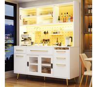 Trendy Sideboard with App-Controlled LED and MDF Pegboard, Tall Storage Cabinet with Sliding Door, 45L x 39W x 171H cm, White Aosom UK