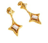 Trendy Star Rhinestones Stainless Steel Drop Dangle Earrings for Women Statement Sparkly Geometric Cubic Zirconia Lucky Four-Point Stars Stud Gold-Plated Dangling Prom Fashion Birthday Jewelry Gift