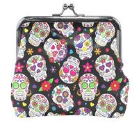 Trendy Sugar Skulls Black Leather Coin Pouch for Women Cute Buckle Kiss Lock Girls Small Change Purse, Trendy Sugar Skulls Black, Classic