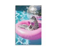 Trendy Summer Zebra Canvas Wall Art Funny Bathroom Pool Animal Modern Disco Ball Aesthetic Artwork Hanging Paintings Poster Chic Decor for Living Room Apartment Bathroom 20x30inch(50x75cm)