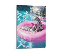 Trendy Summer Zebra Canvas Wall Art Funny Bathroom Pool Animal Modern Disco Ball Aesthetic Artwork Hanging Paintings Poster Chic Decor for Living Room Apartment Bathroom 08x12inch(20x30cm)