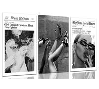Trendy The New York Times Wall Art 12x16in Framed, Black and White Elegant Urban Feminist Canvas Posters, Retro Trendy Cocktail Girly Posters Bar Cart Newspaper Living Room Wall Decor Set of 3