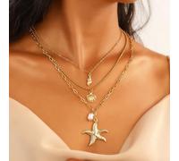 Trendy Three Layer Pearl Starfish Pendant Shell Necklace for Fashion Lovers and Accessory Collectors (01)