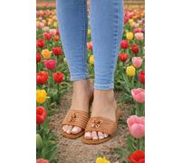 Trendy Trotters Women’s Tan Slider Sandals with Toggle Detail - Flat Summer Slip-On-Shoes - 8