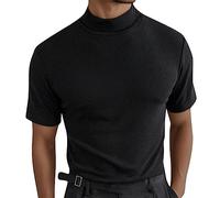 Trendy Turtleneck Compression Tshirt for Men 2025 Gym Workout Summer Loose Fit Tops Cute Slim Fitted Tee Shirts Casual Going Out Fitting Flattering Tees Shirts Short Sleeve T Shirts Black