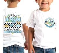 Trendy Tykes Dino Fan T-Shirt | Just a Boy Who Loves Dinosaurs | Double-Sided Print | Kids Fashion White