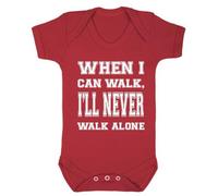 Trendy Tykes Funny Baby Football Bodysuit - “When I Can Walk, I’ll Never Walk Alone” - Red Baby Grow (0-12 Months)