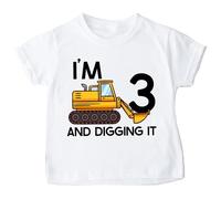 Trendy Tykes I’m 3 and Digging It T-Shirt - Yellow Digger Truck Third Birthday Shirt for Boys - 100% Cotton - Sizes 1-2 Years & 2-3 Years - Water-Based Ink - Made in Yorkshire