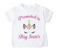 Trendy Tykes Promoted to Big Sister T-Shirt - Unicorn Floral Design with NO Glitter Print - 100% Cotton - Sizes 3 Months to 13 Years - Water-Based Ink - Made in Yorkshire White