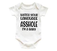 Trendy Tykes Watch Your Language, I'm a Baby - Funny Rude Baby Vest/Babygrow - 100% Cotton, Oeko-Tex Certified, Nickel-Free Poppers, Hand-Printed in the UK
