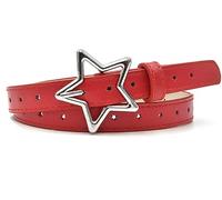 Trendy White PU Leather Belt with Star Buckle for Dresses & Jeans - Adjustable Thin Waist Strap for Women, Skinny Elastic Belt for Trousers, High-Waist Outfits, Ladies Rope Chain Stretch (Red)