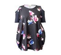 TrendyFashion Womens Cold Cut Shoulder Short Sleeve Top Ladies Casual Floral Printed Baggy Shirt Top (Black Tulip UK 16-18)