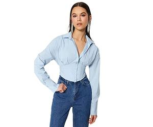 Trendyol FeMan Glam Fitted Basic Shirt Collar Woven Shirt,Blue,38