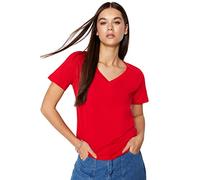 Trendyol Woman Basics Regular fit Basic V Neck Knit T-Shirt,Red,S