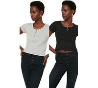 Trendyol Women's Woman Fitted Standard Crew Neck Woven Blouse Shirt, Gray/Black, L