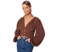 Trendyol Women Fitted Basic V Neck Woven Blouse,Brown,38