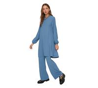 Trendyol Women Plain Elastic Waist Detailed Woven Tunic Modest Top-Bottom Sets Blue