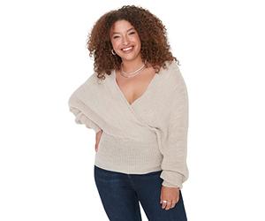 Trendyol Women Plus Size Regular fit Double-Breasted Cache-Coeur Knitwear Plus Size Jumper Stone