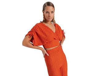 Trendyol Women Regular fit Basic V Neck Woven Blouse,Tile,42