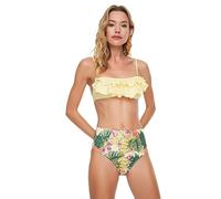 Trendyol Women's High Waist Bikini with Tropical Pattern Bottoms, Multi Colour, 10