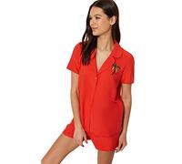 Trendyol Women's Plain Woven Shirt-Short Pajama Set, Orange, 34