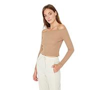 Trendyol Women's Trendyol Woman Slim Bodycon Carmen Collar Knit Blouse Shirt, Camel, XL UK