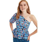 Trendyol Women's Woman Regular fit Bodycon Asymmetrical Collar Woven Blouse Shirt, Blue, 40