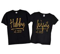 TrendySnug Tees Personalised Matching Pair Hubby Wifey Mr & Mrs Wedding Day Honeymoon Anniversary T-Shirts, 187 (Black with Gold Text, Men's - XX-Large/Women's - XX-Large)