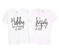 TrendySnug Tees Personalised Matching Pair Hubby Wifey Mr & Mrs Wedding Day Honeymoon Anniversary T-Shirts, 187 (White with Black Text, Men's - Large/Women's - XX-Large)