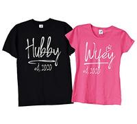 TrendySnug Tees Personalised Matching Pair Hubby Wifey Mr & Mrs Wedding Day Honeymoon Anniversary T-Shirts, 187 (Black & Pink with White Text, Men's - Large/Women's - XX-Large)