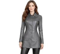 TRENDZ4U Womens 3/4 Length Genuine Leather Trench Coat - Real Sheepskin Long Leather Jacket for Women - Womens Mid Length Leather Trench Coat (UK, Alpha, S, Regular, Regular, Grey)