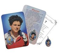 Trendzeen Carlos Acutis Prayer Card - Laminated Blessed Carlo Acutis Holy Card with Affixed Medal Inside, Oval Blessed Carlos Medal, The Lord's Prayer - 3 Items Set