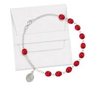 Trendzeen Ladybug Rosary - Red Metal Lady Bug Rosary Bracelet with Silver Oxidized Miraculous Medal, White Microfiber Jewelry Pouch - Ladybug Rosary Bracelet Devotional Set, Total 2 Items
