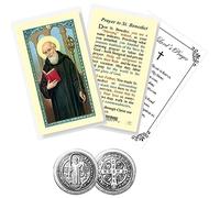 Trendzeen Laminated St Benedict Prayer Card - Saint Benedict Token, Lord's Prayer - Double Sided St Benedict Pocket Token Medal with Silver Finish - Patron Saint Of Protection Set of 3 Items