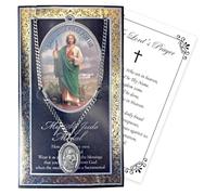 Trendzeen Saint Jude Necklace - Genuine Pewter St Jude Pendant on a 24" Stainless Steel Chain with Biography Pamphlet, The Lord’s Prayer - St Jude Medal Necklace Set, Total 2 Items