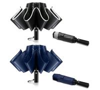 Trenovo Travel Inverted Umbrella - 10 Rib Automatic Folding Reverse Umbrella, Upside Down Reflective, Compact Windproof with Double Vented Canopy for Women & Men - 2 Pack